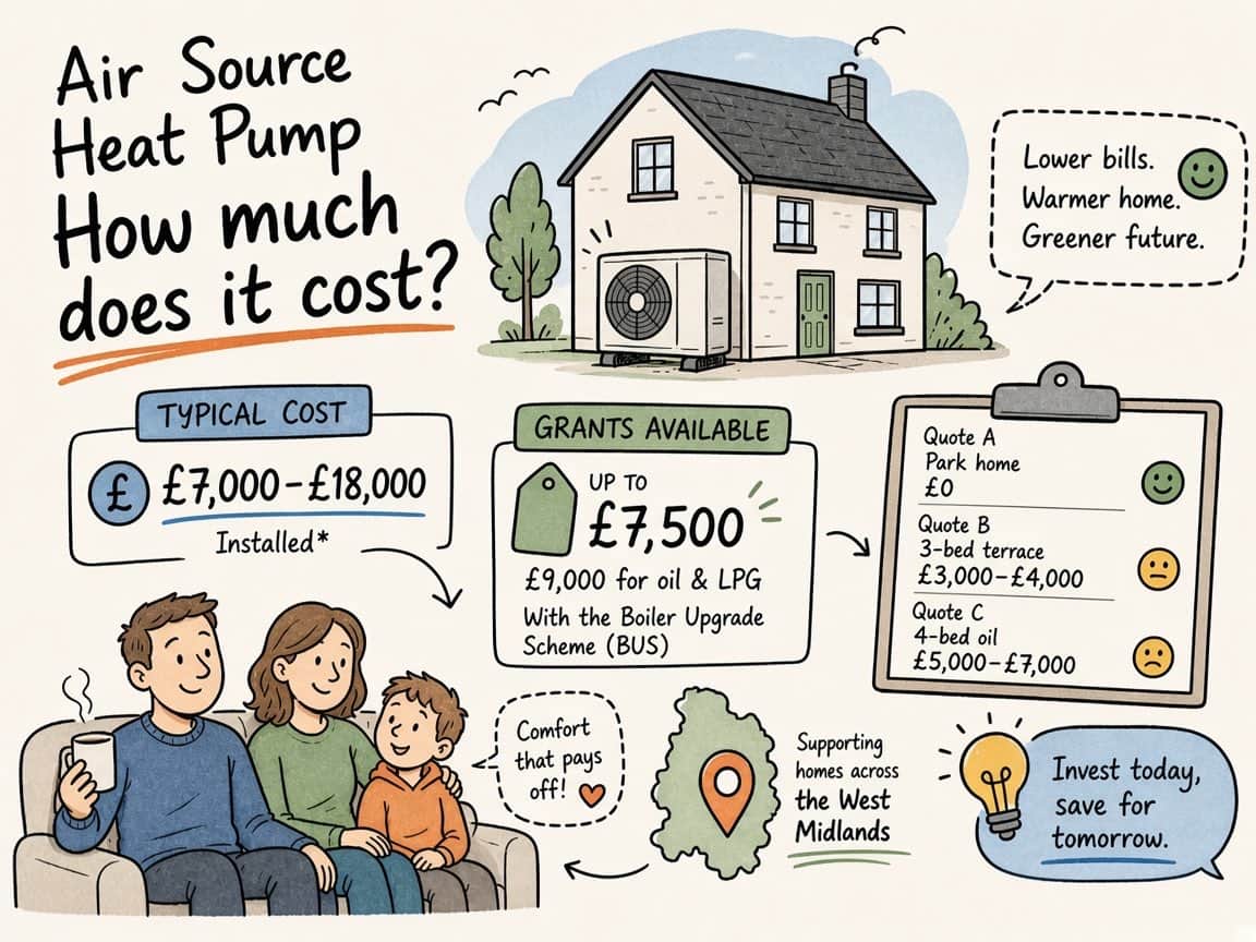 Illustrated overview of typical air source heat pump costs, Boiler Upgrade Scheme grants and sample quotes for West Midlands homes