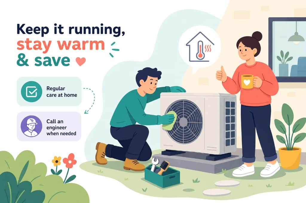 Illustrated homeowner wiping an outdoor air source heat pump, with reminders to keep up regular care and call an engineer when needed